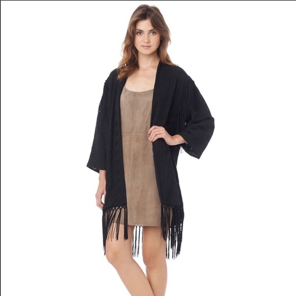 Sam Edelman Boho Black Embroidered Fringe Kimono Open Front Cardigan Small - Picture 3 of 14